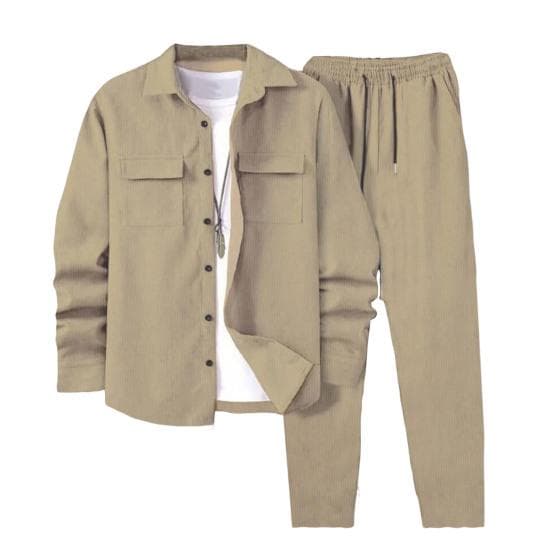 2Pcs/Set Men Sportwear Set Lapel Long Sleeve Flap Pockets Coat Elastic Drawstring Waist Long Trousers Set Loose Fit Activewear L beige