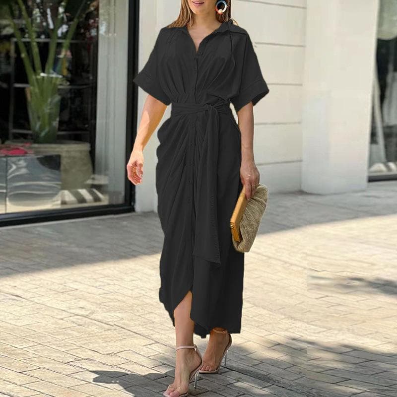 Autumn European and American Women's Clothing Printed Lapel Collar Short Sleeve High Waist Long Shirt Dress 3XL black
