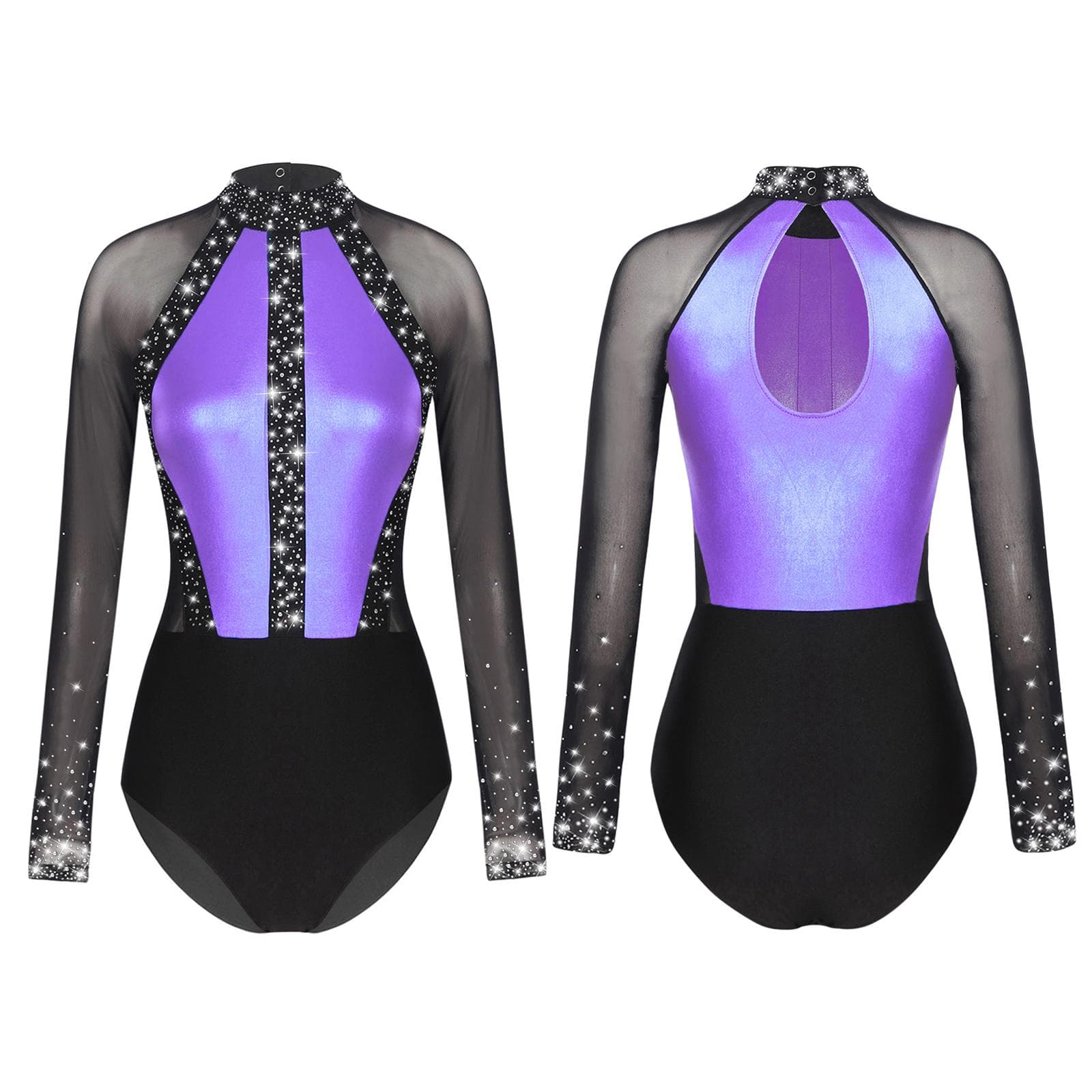Women's Rhinestone Ballet Gymnastics Dance Leotard Bodysuit Long Sleeve Figure Skating Dance Costume L light purple