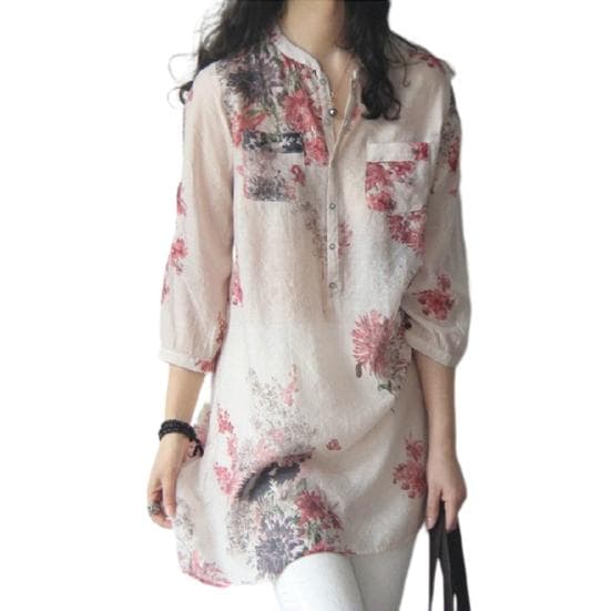 Women Shirt Stand Collar 45355 Sleeve Blouse Floral Print Patch Pocket Buttons Half Placket Mid-length L red