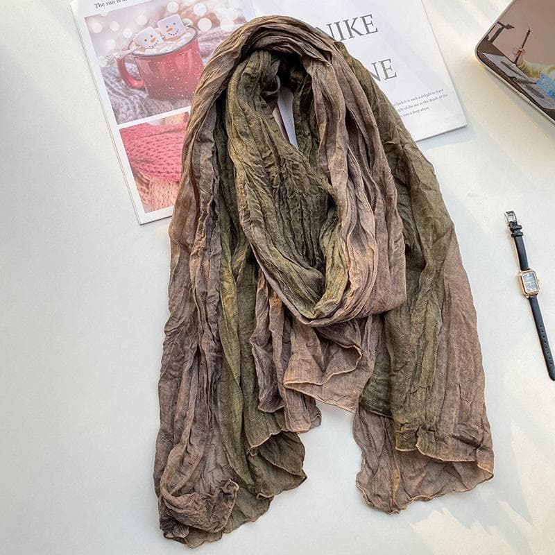 Retro Ethnic Style Cotton and Linen Scarf Women's Tie Dye Long Pleated Gradient Shawl Artistic Fresh Scarf 190*90cm khaki green