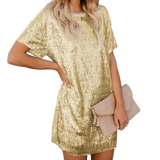 Women's Summer Sequin Midi Dress Casual Crew Neck Short Sleeve T-shirt Dress Sparkly Cocktail Party Dress S golden