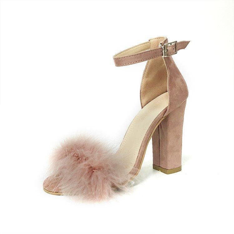 Women Summer Sandals Fluffy Peep Toe High Heels Feather Lady Wedding Shoes Large Size 39 pink