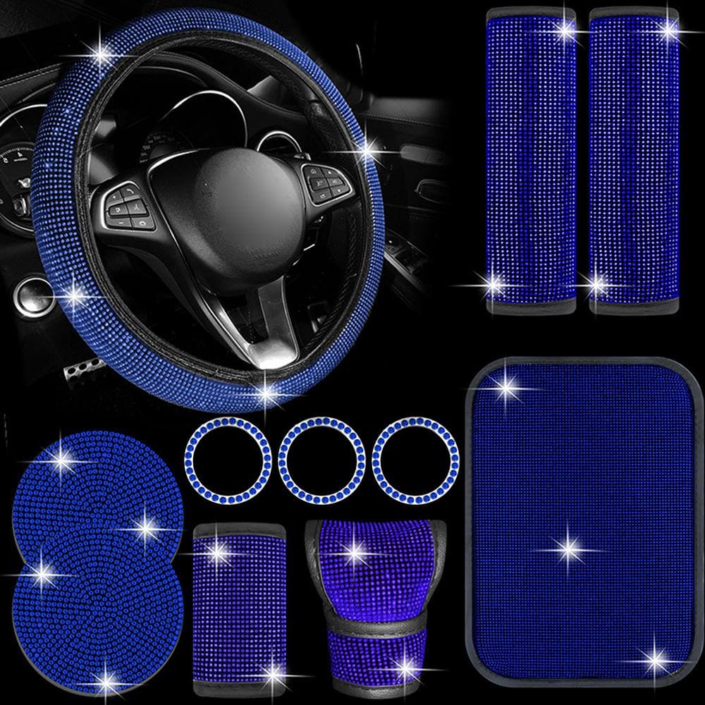 11-Piece Car Accessories Set Rhinestones Steering Wheel CoverBling Gear Shifter CoverHandbrake blue
