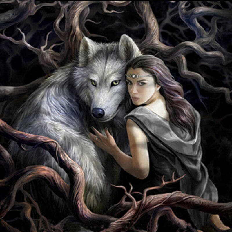 5D DIY Diamond Painting Cross Stitch Full Round Diamond Embroidery Diamond Beauty & Wolf Home Decor 30x30CM