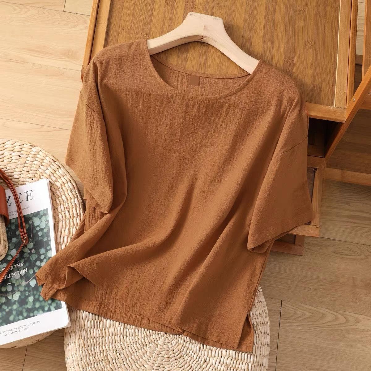 New Summer Cotton and Linen Women's Large-size Tops Literary Pullover Casual Loose T-shirt Short-sleeved Tops L
