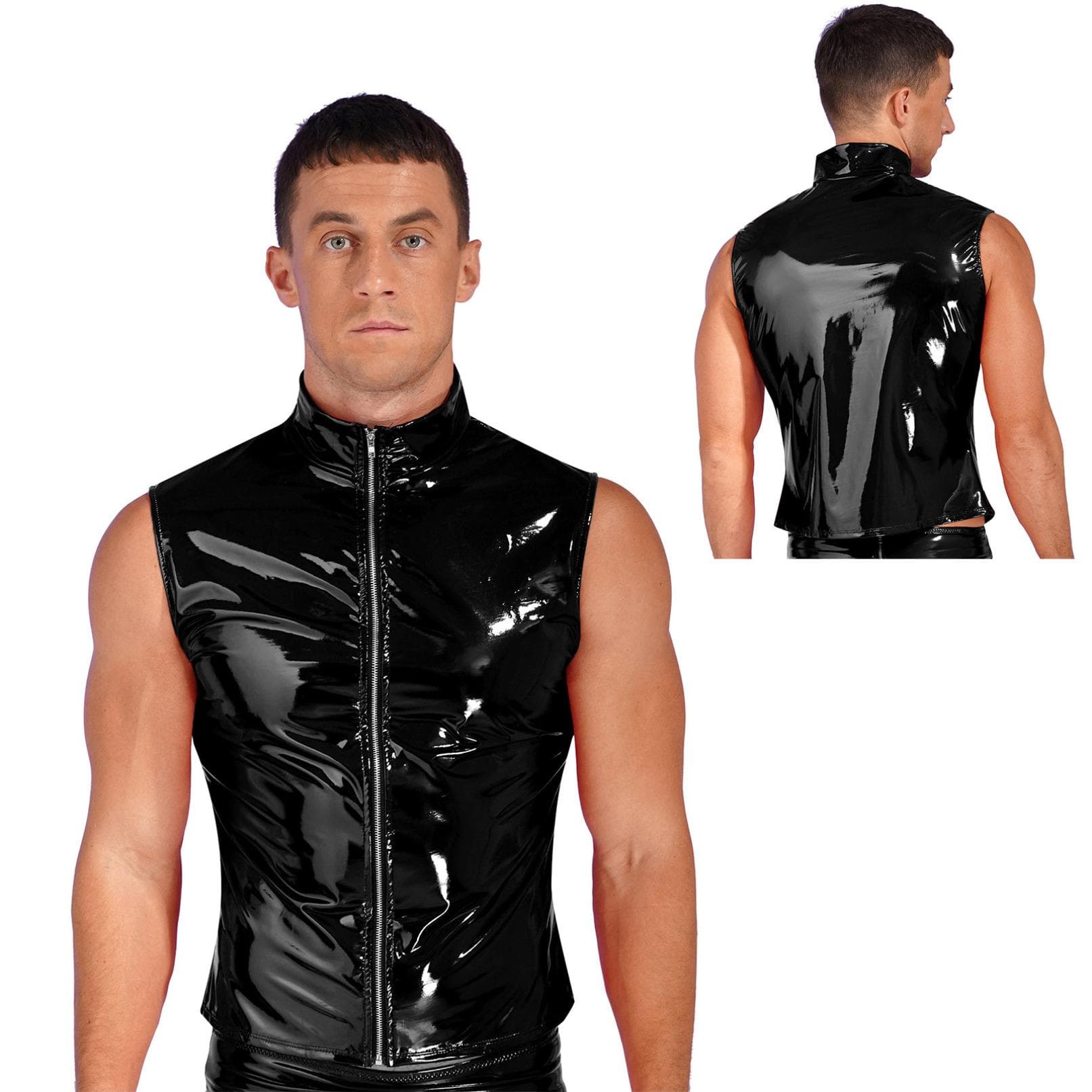 Mens Fashion Zipper Sleeveless Jacket Wet Look Patent Leather Stand Collar Vest Tops Clubwear 4XL black