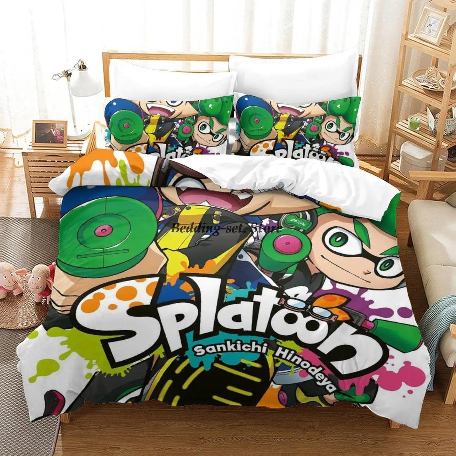 Splatoon 3 Inkling Squid Bedding Set Single Twin Full Queen King Size Bed Set Aldult Kid Bedroom Duvetcover Sets Bed Sheet Set 70x133cm 2pcs