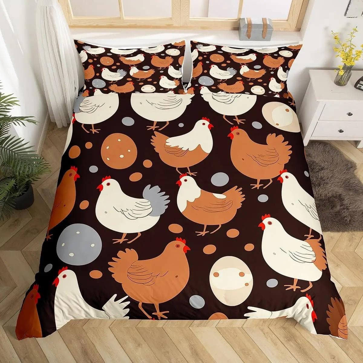 Cute Chicken Duvet Cover King Queen Colorful Rooster Bedding Set Farm Animal Comforter Cover Funny Rustic Farmhouse Quilt Cover EU Single 135x200cm