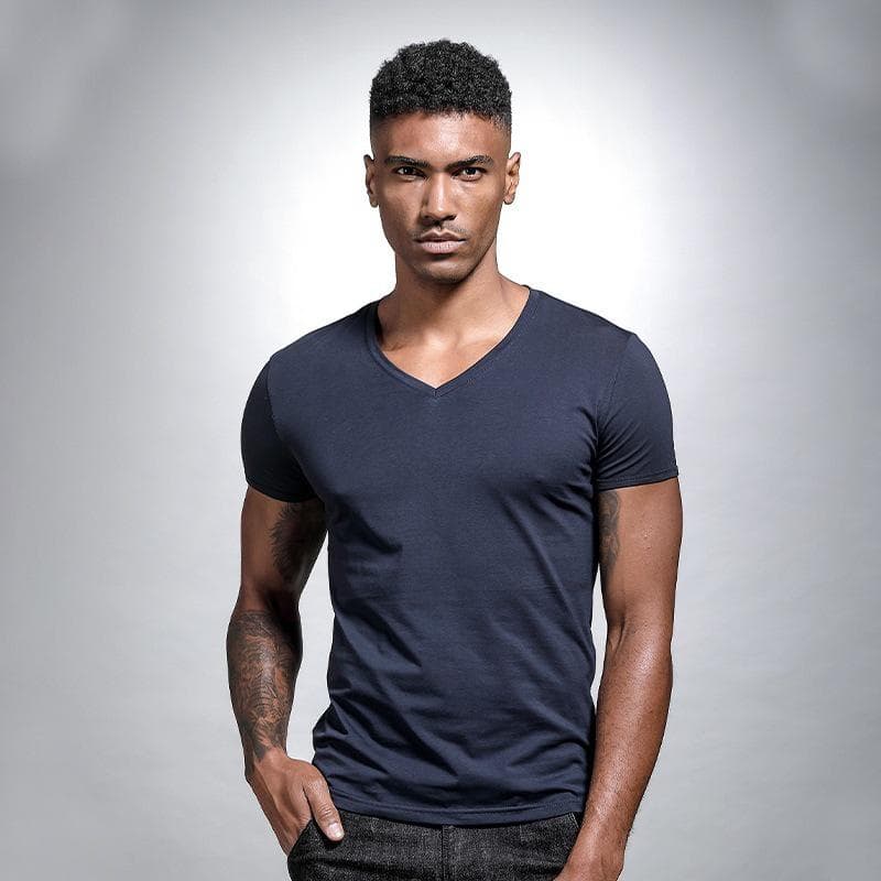 Men's Slim Fit Solid V-Neck White T-Shirt - Short-Sleeved, Sweetheart Collar, Tight Bottoming Shirt L