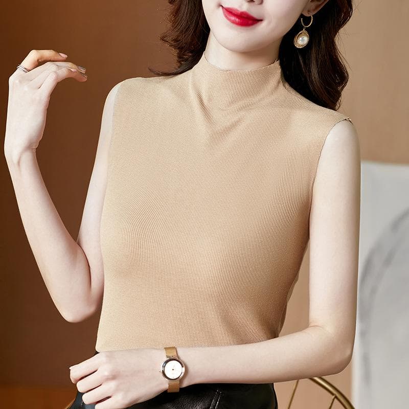 Semi-turtleneck Fashion Vest Women's Inner and Outer Wear Top Fashion with Suit Sleeveless Trend 3XL champagne