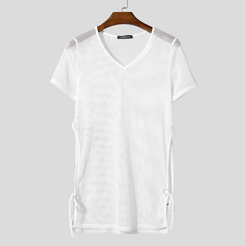 INCERUN Summer Men Short Sleeve Hollow See Through Long Beach Tank Tops M white