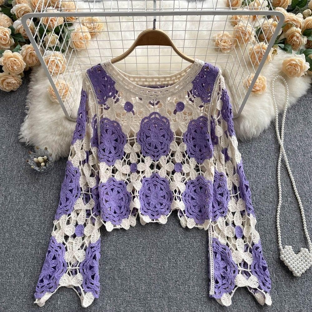 Loose Hook Flower Hollowed Out Long-sleeved Sweater Women's Summer Thin Style Crewneck T-shirt Top one size purple