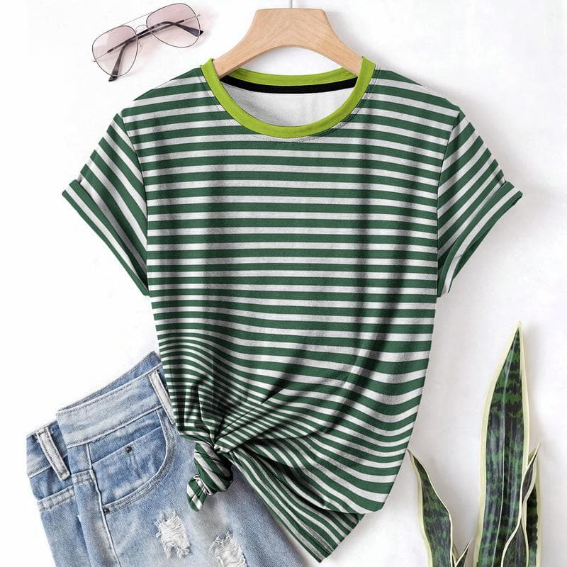 Striped Casual Sports Women's T-shirt Summer Round Neck Short Sleeved Element Pattern Checkered Loose Fit T-shirts XL