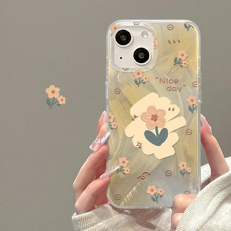 Applicable To Apple 15 Feather Yarn Mobile Phone Case Iphone14pro Oil Painting Yellow Flower Stand 13 Large Hole Anti-fall 12/11/7 Honor 9X/Honor 9XPRO