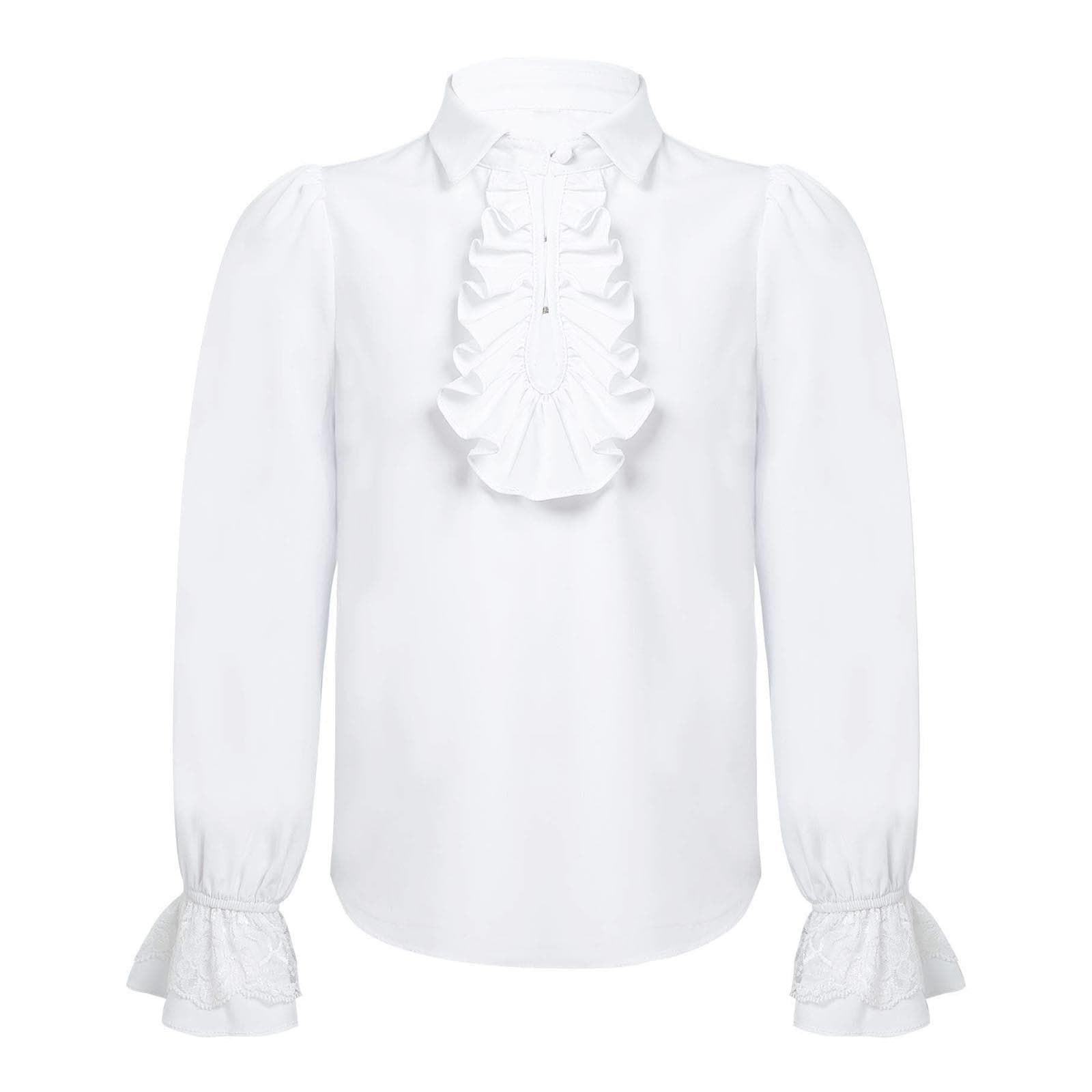 Boys Renaissance Style Long Sleeve Shirt with Ruffle Lace Cuffs Button Front Solid Color Vintage Costume 5-6 Years white
