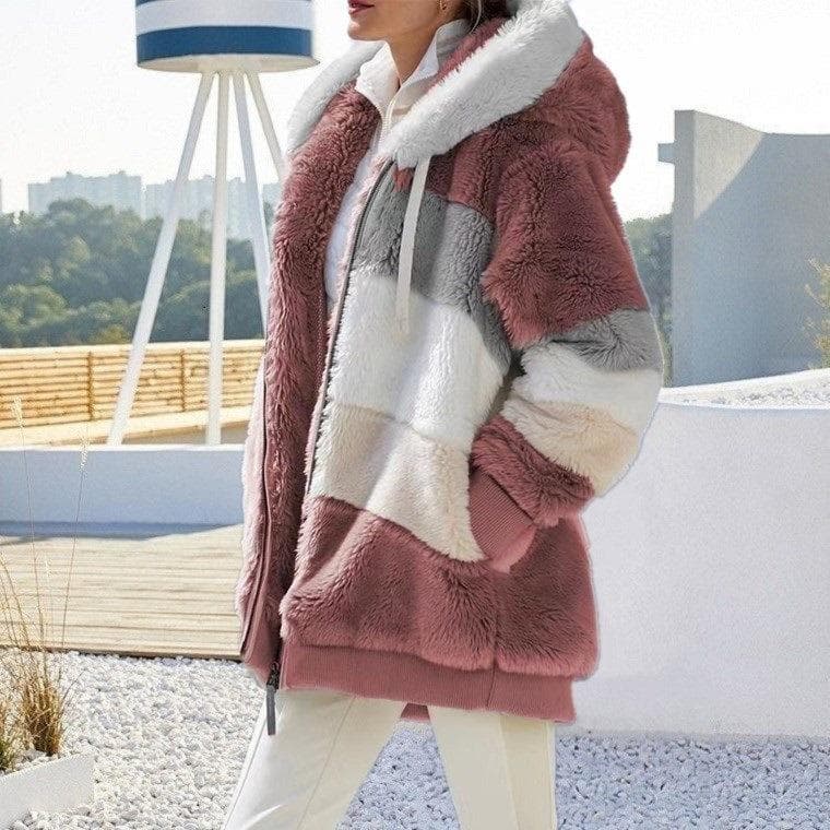 Europe United States 2024 Autumn Winter Warm Plush Zipper Pocket Hooded Loose Jacket Women XL red
