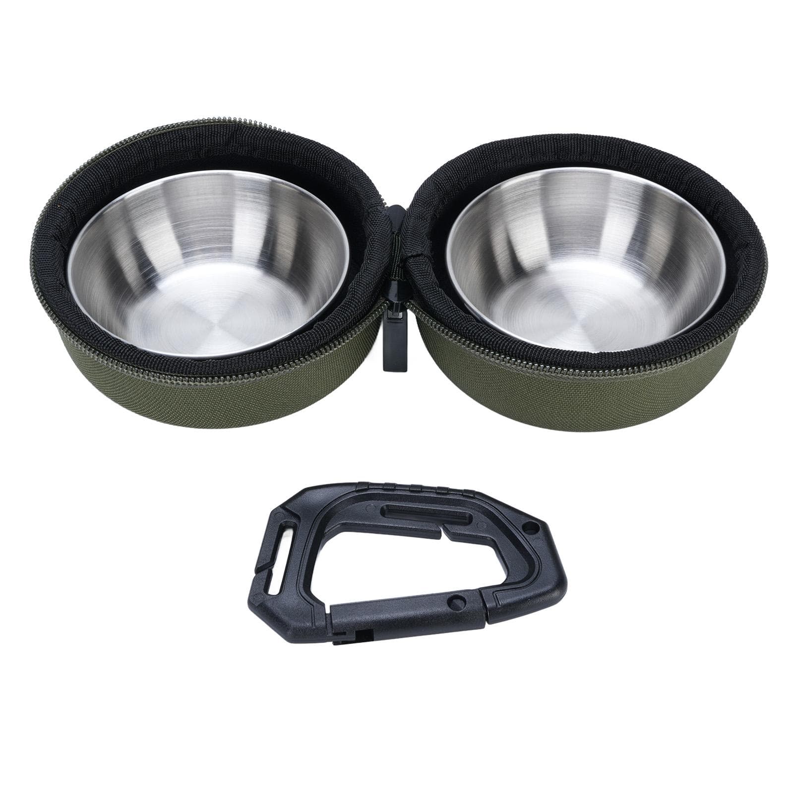 Foldable Dog Double Bowls Portable Stainless Steel Travel Pet Food Water Bowl with EVA Bag and Clip green