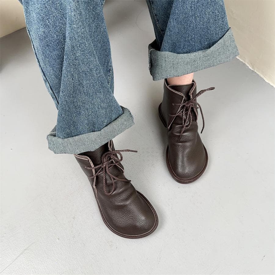 Johnature Retro Genuine Leather Women Short Boots Soft Cowhide Lace-Up Shoes Round Toe Solid Color Boots 39 coffee