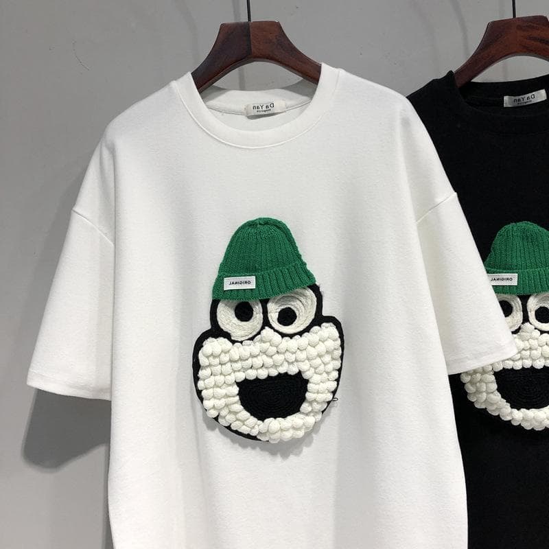 New Korean Style Loose Half-sleeved Top for Women's Embroidered Cartoon Medium-length Short-sleeved T-shirt 2XL white