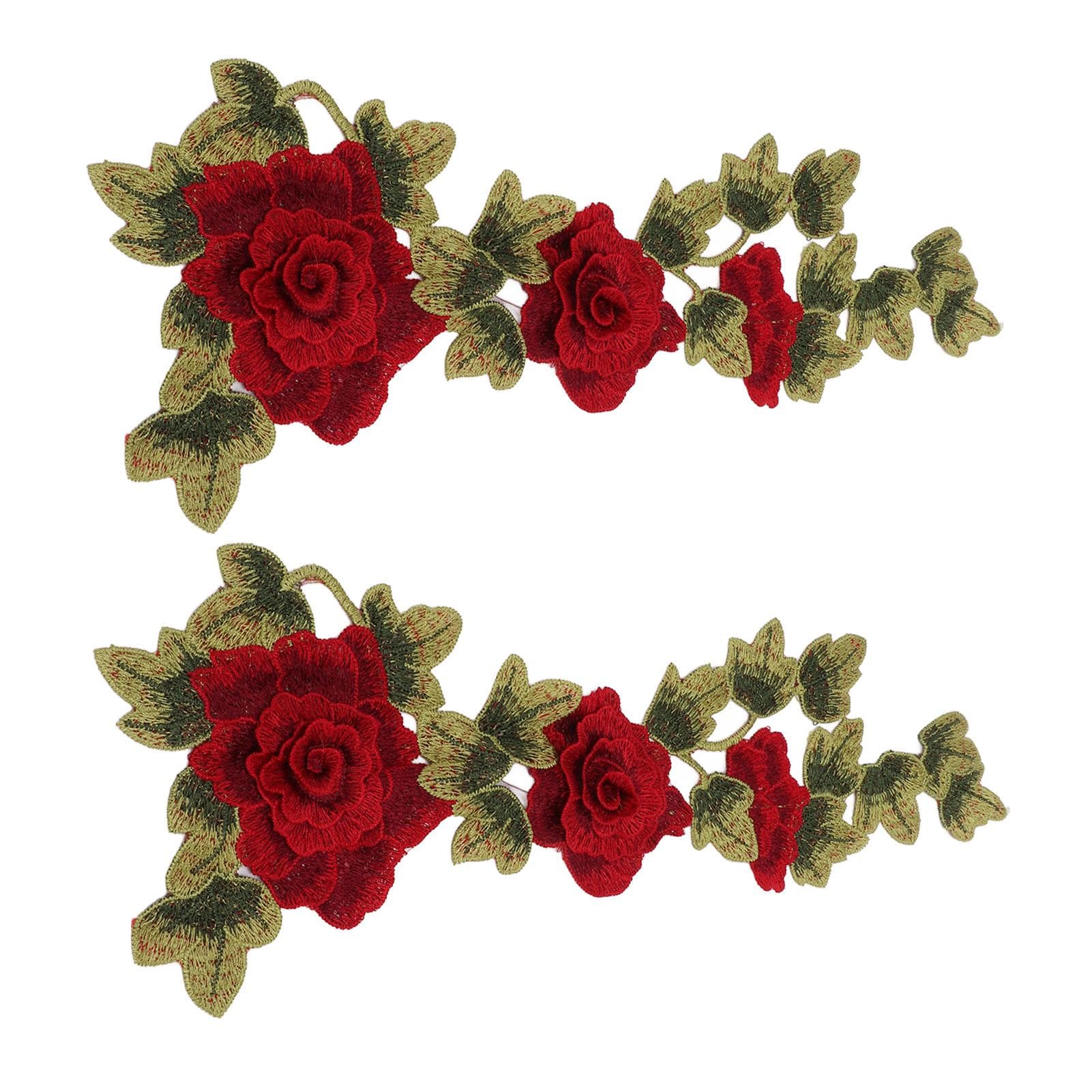 2Pcs Red Flower Embroidered Patches Delicate Flower Details Bright Color Iron On Patches for