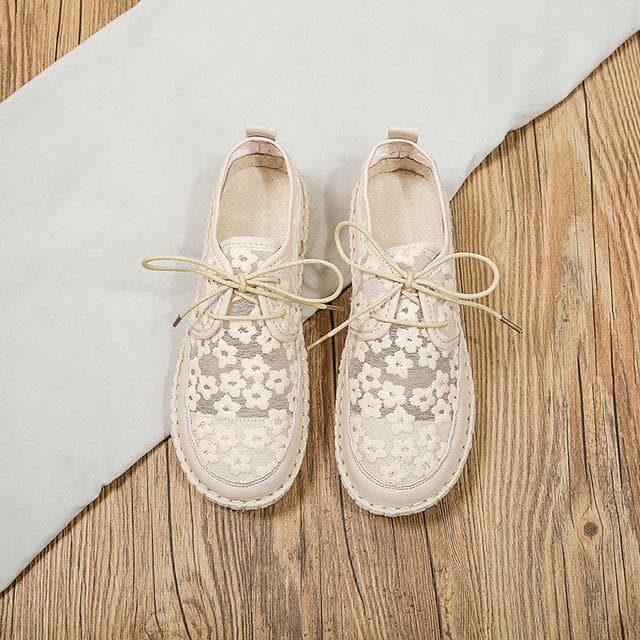 Fashion Spring Summer Embroidered Mesh Casual Breathable Cutout Lace-Up Solid Cover Heel Shallow Flat Mesh Shoes 40 apricot