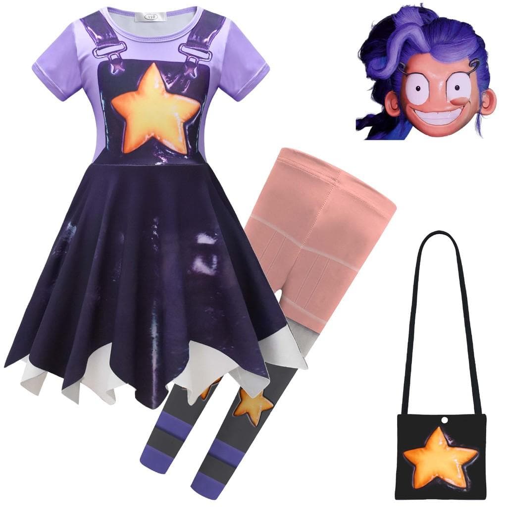 Kids Girls Lily Lovebraids Printed Short Sleeves Irregular Dress Pants Bag Sets Halloween Cosplay Costumes 160cm purple
