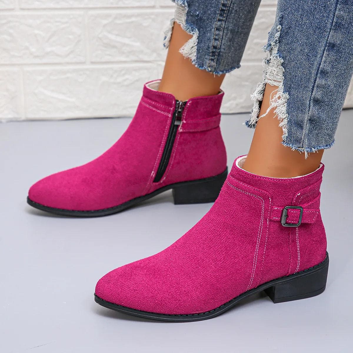 Suede Zipper Ankle Boots for Women 2025 Autumn Pointed Women Shoes Woven Patchwork Female Boot Concise Square Heel Chelsea Boots 39