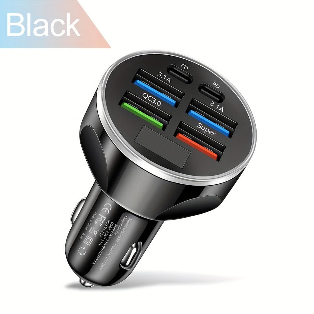 6-Port Fast Car Charger, 120W Multi USB Charger with 2 PD & 4 USB Ports, QC3.0 Super Fast Charging for Mobile Phones, Tablets 6-port Car Charger