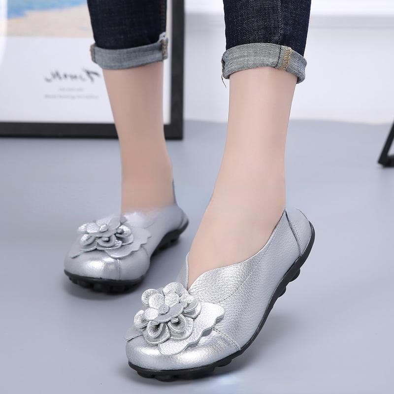 Autumn Flowers Handmade Shoes Women's Floral Soft Flat Bottom Shoes Casual Sandals Folk Style Women Genuine Leather Shoes 40 silver