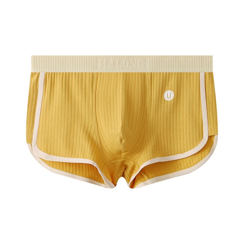 Men Boxer Underwear Mid-rise Elastic Waistband Patchwork Color Shorts Briefs U-convex Ribbed Panties Daily Wear XL yellow