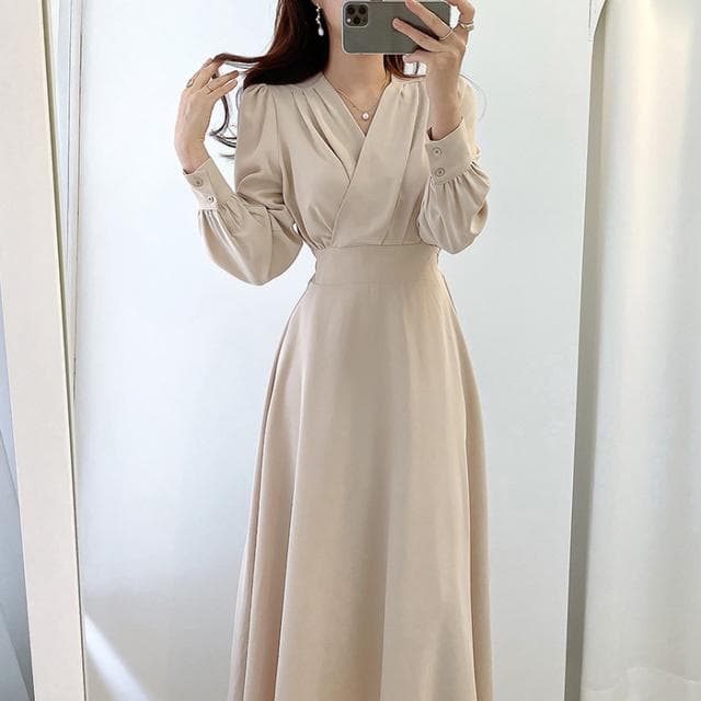 Harajuku V-neck Puff Sleeve A-line Maxi Dresses for Woman Women Solid Color Midi Robe Korean Office Dresses Elegant Spring S apricot