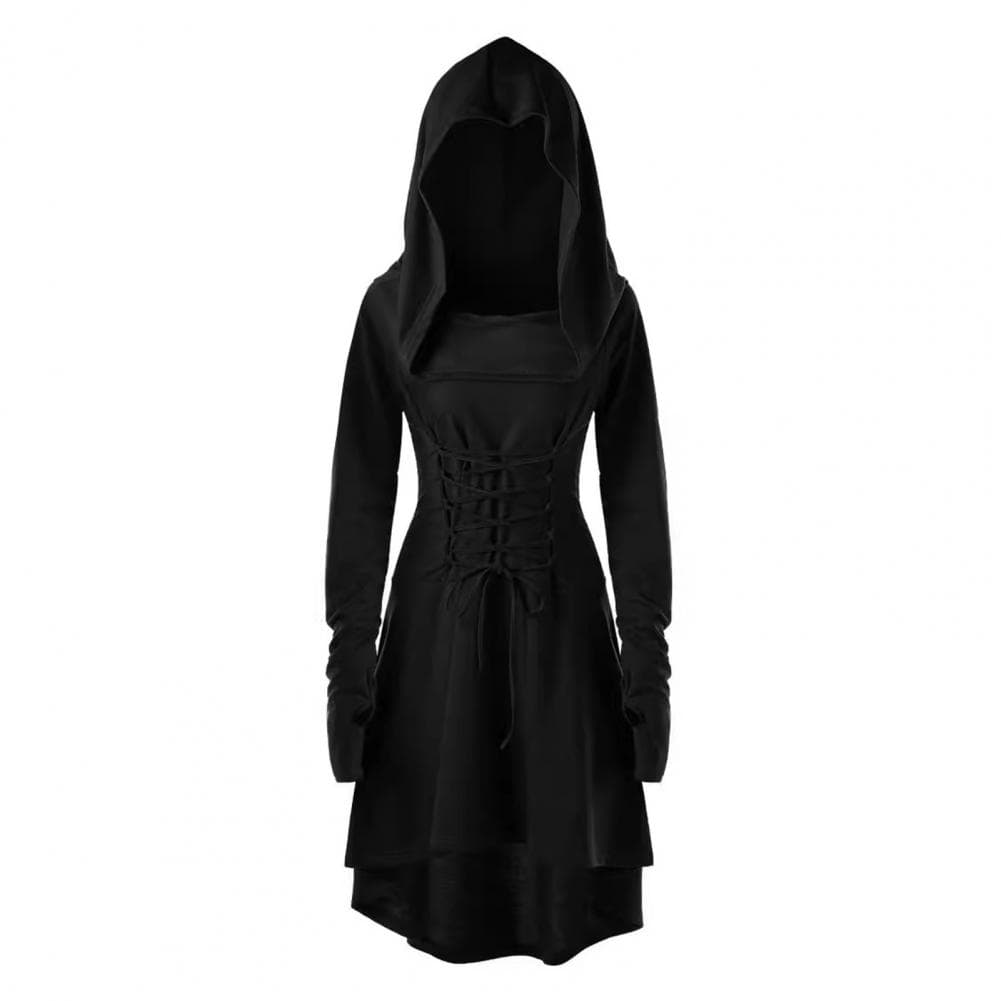 Women Cosplay Dress Gothic Solid Color Lace-up Strap Slim Waist Irregular Hem Hooded Long Sleeves Theme Parties Role-Playing M black