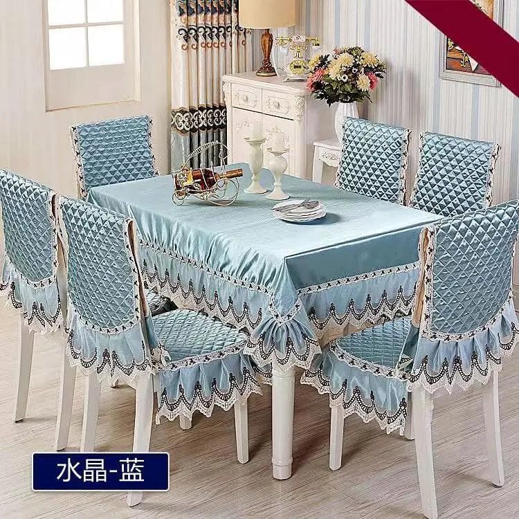European Lace Skirt Edge Dining Table Cloth Cushion Household Connected Chair Cover Tea Table Cover Round Tablecloth 140x190cm 1pcs