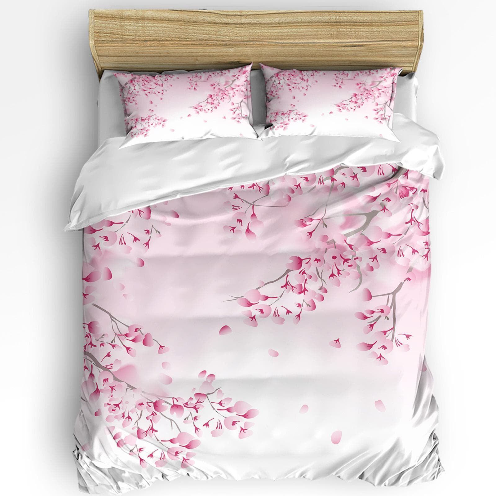 Japanese Style Sakura Cherry Blossom Pink Flower 3pcs Bedding Set For Double Bed Home Textile Duvet Cover Quilt Cover Pillowcase EU King(240x220cm)