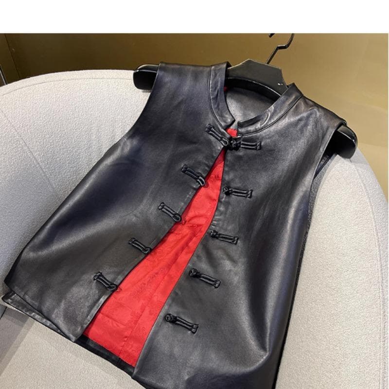 Genuine Leather Vest Women's New Short Sheepskin Casual National Style Buckle Leather Jacket S black