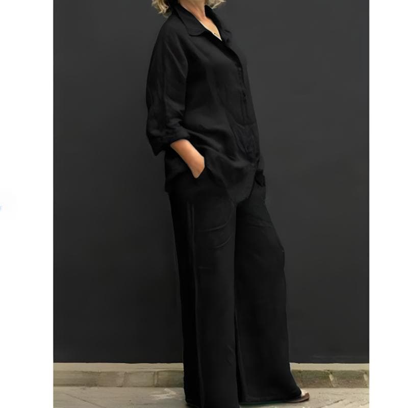 Women Linen Casual Shirt 2 Pieces Set Fashion Lapel Long Sleeve Button Blouse And Trousers Outfits Loose Wide Leg Pants Suits L black
