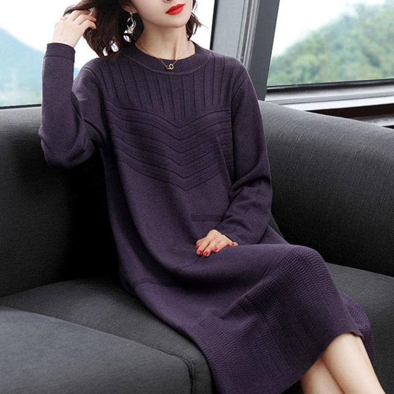 Large Size Knitted Dress In The Long Section Was Thin Temperament Base Dress Pure Color Simple Middle-aged Women Sweater Dress XL