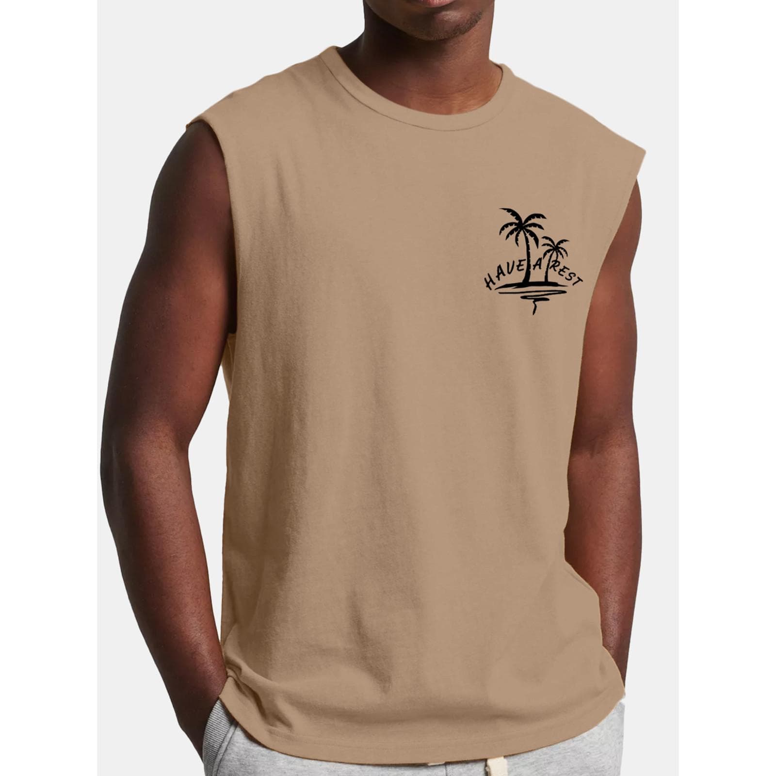 Mens Summer Surf Beach Tank Top Large Size Casual Breathable Sleeveless Top Loose Print Tank Top Man Shirt S khaki