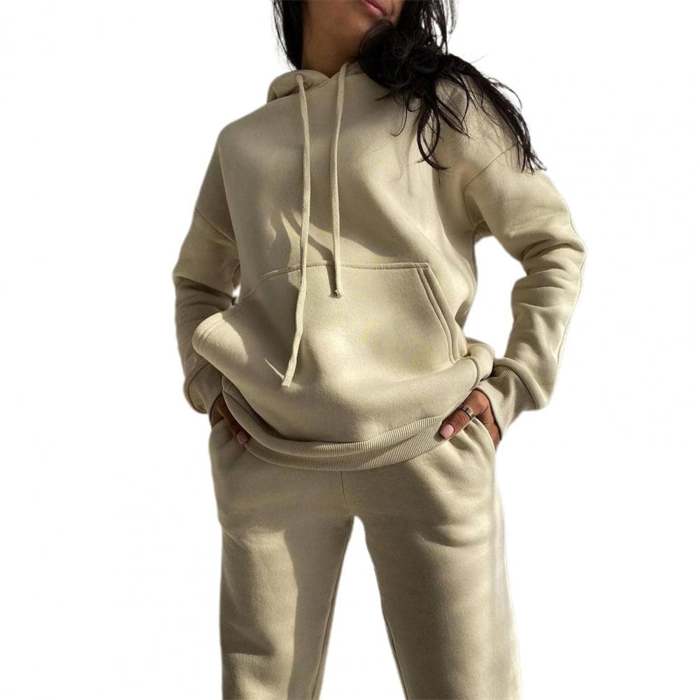 2 Pcs/Set Women Casual Outfit Hoodie Pants Set Thick Solid Color Long Sleeve Warm Drawstring Elastic Waist Plush Pullover Pocket XL apricot