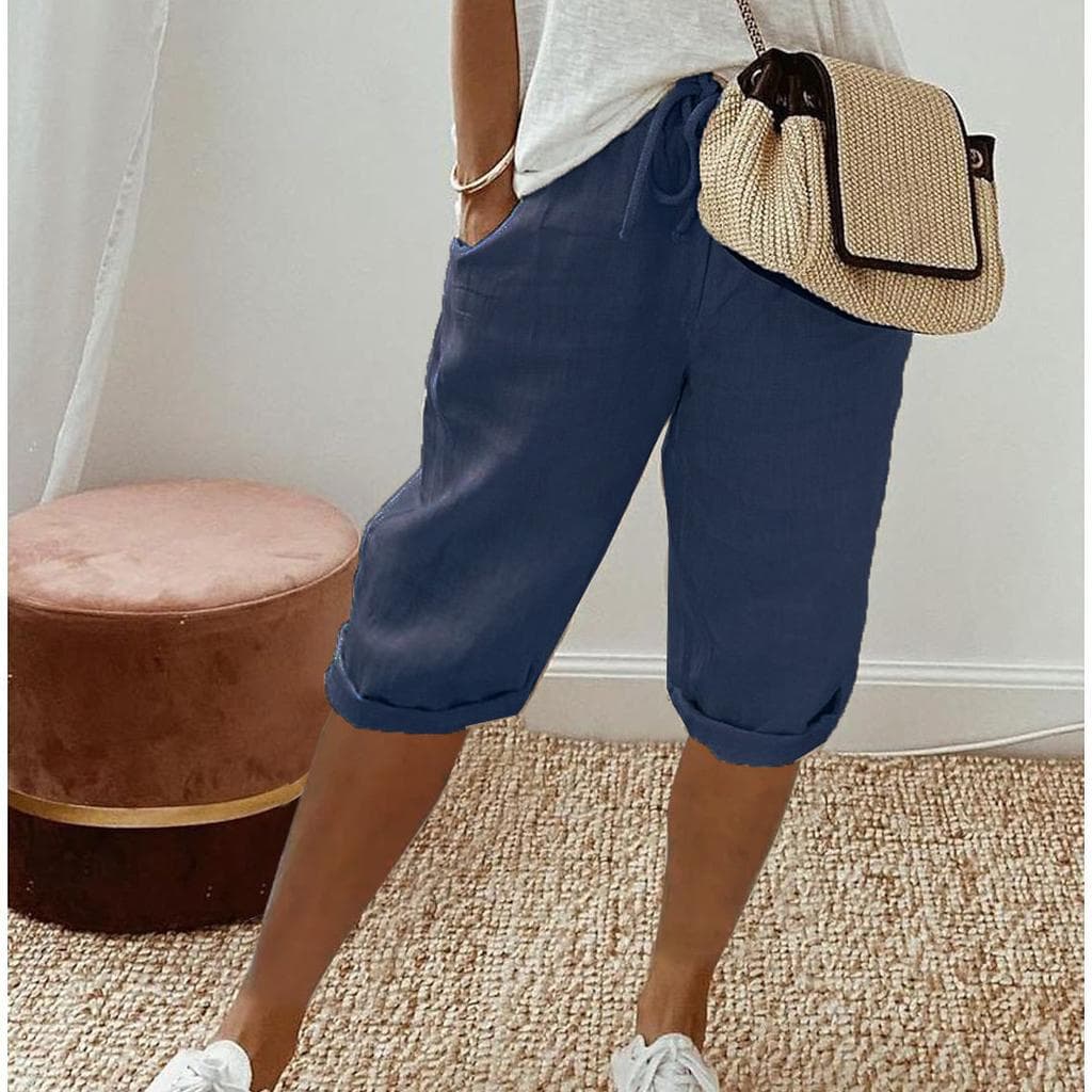 Women Shorts Vintage Style Knee-length Pants with Pockets for Women Breathable Elastic Waist Trousers Solid Colors Five Pants S navy blue