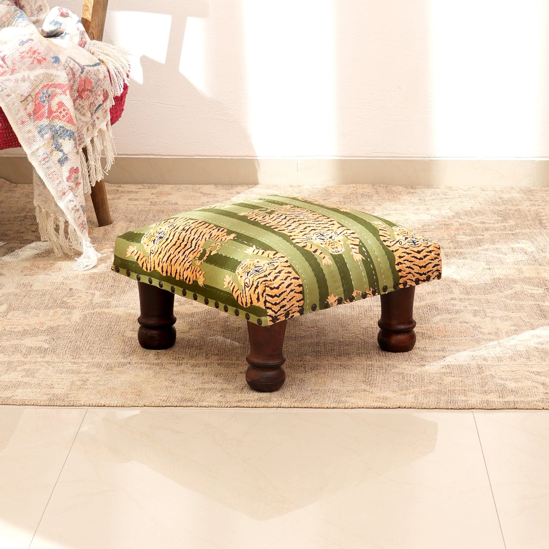 Green Jungle Stripes Kantha Foot Stool - Handcrafted Cotton Ottoman with Mango Wood Legs, 40 x 40 x 22.5 cm 40x40x22.5 cm green