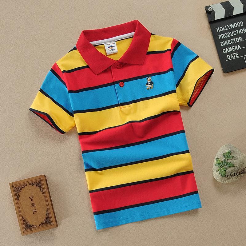 Boys' Summer Short-sleeved T-shirts, Cotton Children's Clothing, Medium and Large Children's Striped Lapel Polo Shirts 115cm