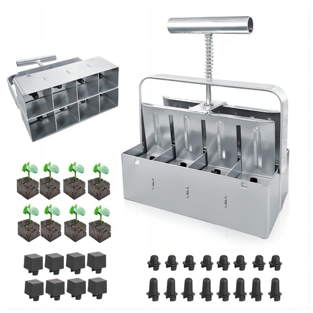 Soil Block Maker 8-cavity 2 inch Comfort-Grip Handle Manual Seed Blocker Gardening Tool with 3 silver