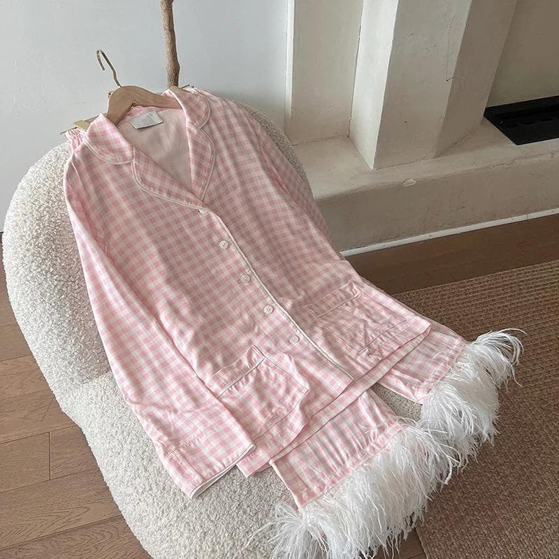 Long Sleeved Ostrich Feather Pants Two Piece Set Pajamas for Women Luxury Home Clothes Pink Plaid Feather Pyjamas Party Wear New S pink
