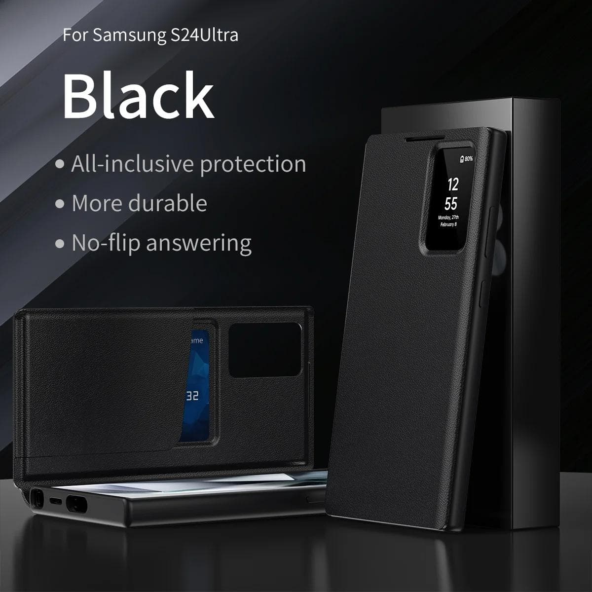 Leather Card Pocke Case for Original Samsung Galaxy S25 Ultra S24 S23 S22 S-View Flip Smart Display LED Transparent Window Cover For S25 black