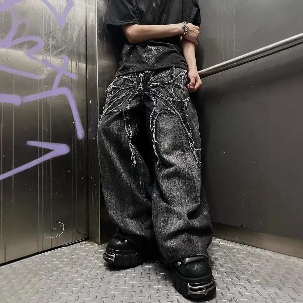 Unisex Y2k Gothic Vintage Jeans Spider Embroidered Spliced American Style Denim Pants Baggy Wide Leg Hip Hop Streetwear XXL black