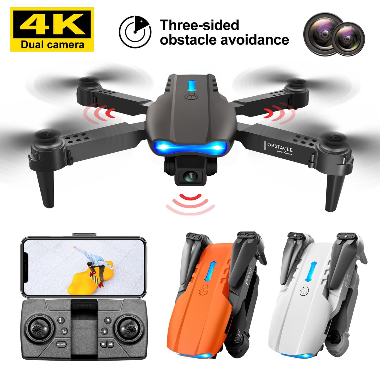 RC Drone with Camera 4K Dual Carema RC Quadcopter with Function Obstacle Avoidance Trajectory black-dual camera-3 battery black