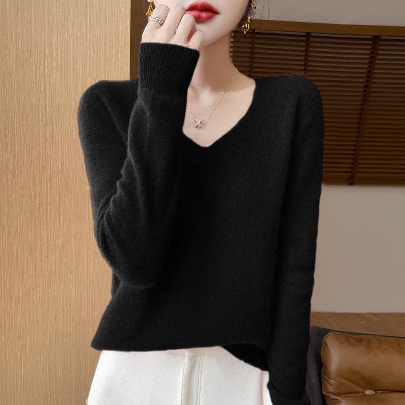 Women's 100% Pure Wool Loose Knitted Pullover Sweater for Autumn/Winter V-neck, M black