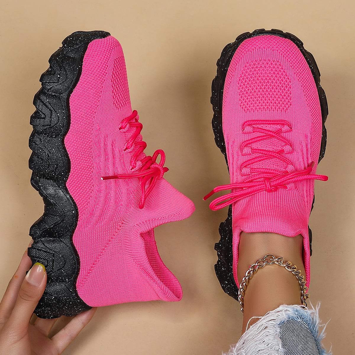 28 Colors Spring Summer Flying Woven Platform Casual Shoes Women's Socks Sports Shoes Mesh Breathable Large Size Sneakers 40 dark pink/black
